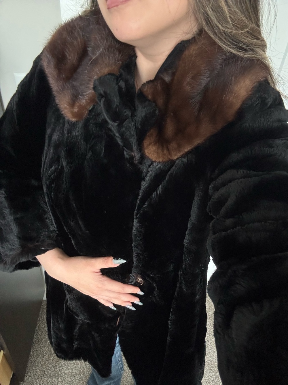 VINTAGE REAL FUR Coat with Brown Trim - Women's Jacket S